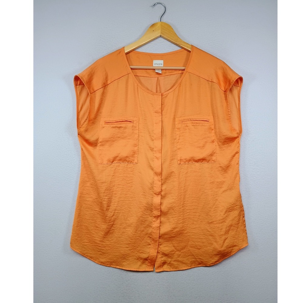 Summer Career Chico's Womens Size 2 (Large) Orange Button Front Pocket Blouse
